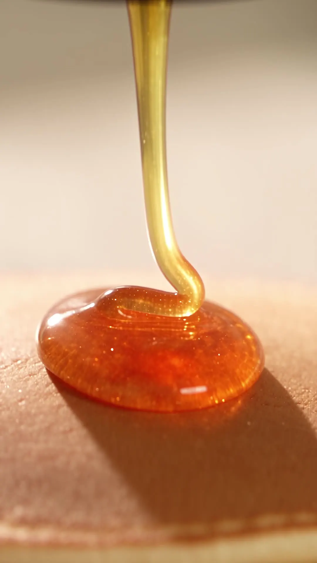 A thin stream of honey landing on a pancake
