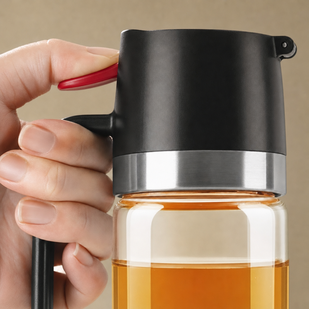 A thumb pressing the lever on top of the dispenser